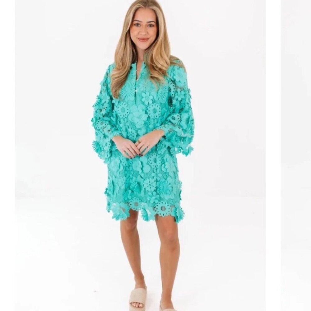 J.Marie Seraphina Dress Size XS Teal Short Floral 3D Lace Long Sleeve Shift